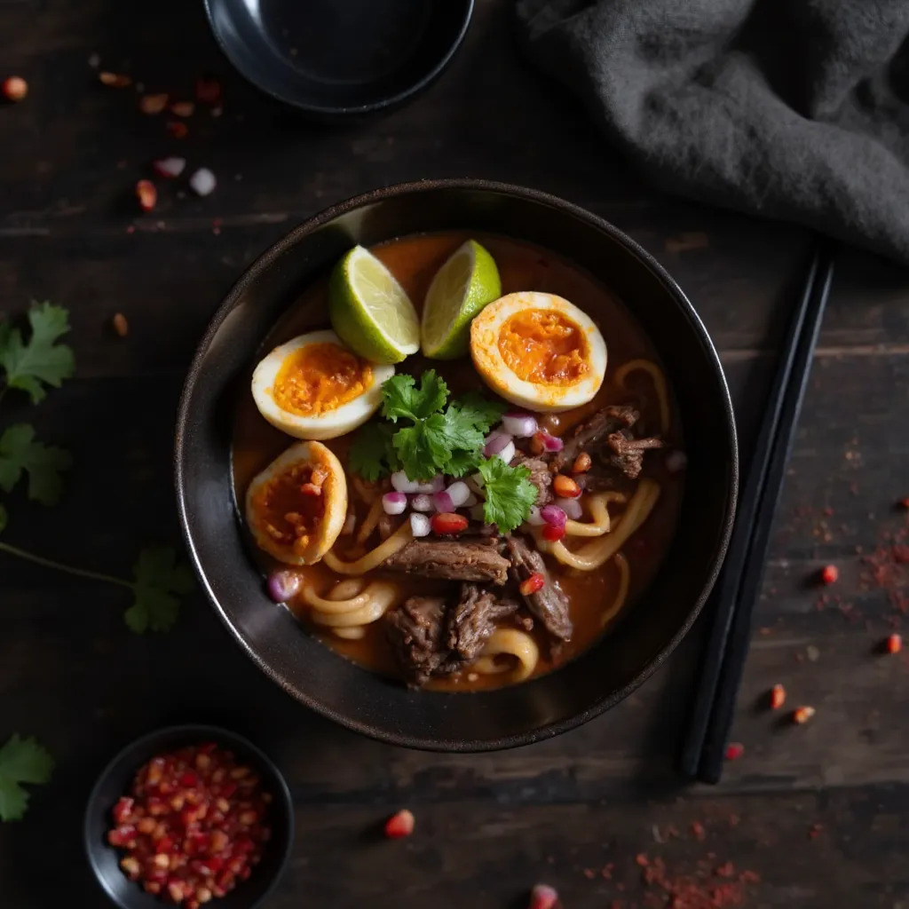 Birria Ramen Rezept in dunkler Keramikschale mit reichhaltiger roter Consomé-Brühe, zartem Schmorfleisch und wachsweichen Eiern