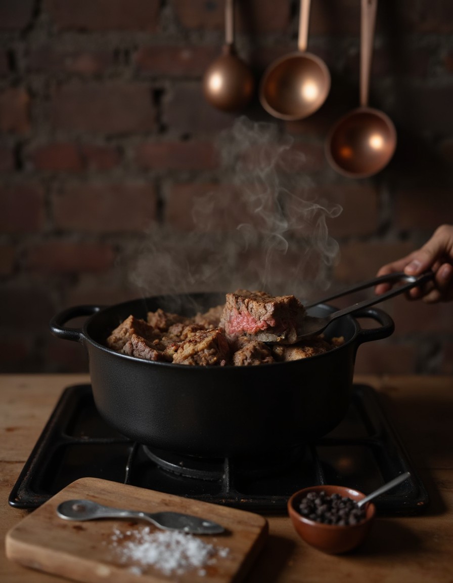 Große Stücke Rindfleisch mit goldbrauner Kruste werden in einem gusseisernen Dutch Oven scharf angebraten