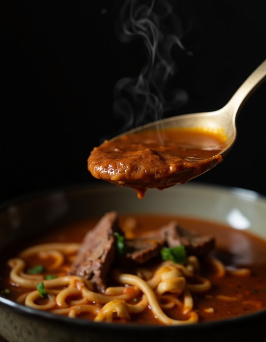 Nahaufnahme eines Löffels mit dampfender Birria-Consomé-Brühe über einer Schale Ramen mit Schmorfleisch