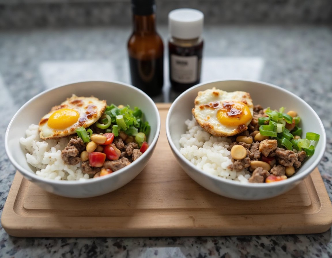 Boy Kibble Bowl wird in einer Schüssel angerichtet mit Reis, Hackfleisch, Spiegelei und einem Spritzer Sojasauce