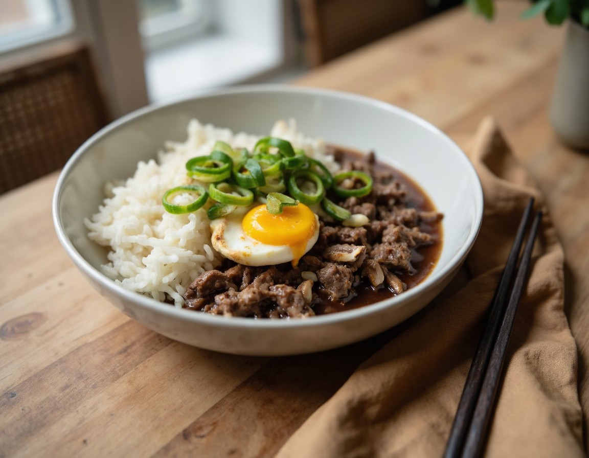 Boy Kibble Bowl mit krümeligem Rinderhackfleisch, fluffigem Reis und Spiegelei mit flüssigem Eigelb in einer Bowl