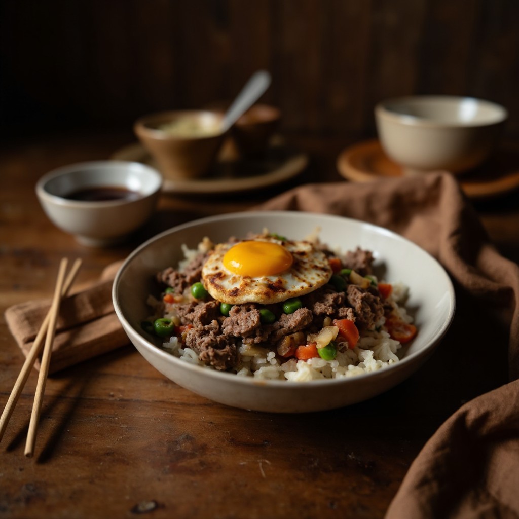 Boy Kibble Bowl aus seitlicher Perspektive mit krümeligem Hackfleisch, Reis und Spiegelei auf rustikalem Holztisch