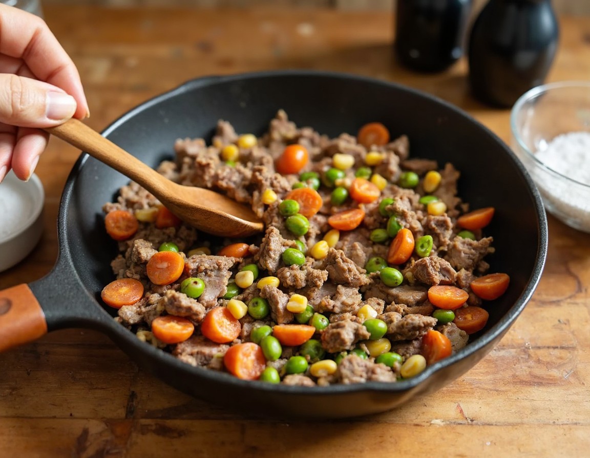 Gewürztes Rinderhackfleisch mit bunter TK-Gemüsemischung aus Erbsen, Karotten und Mais in der Pfanne