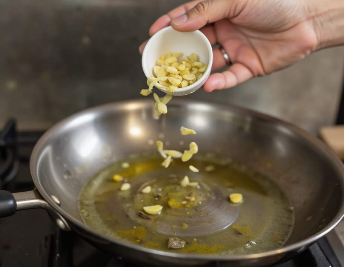 Fein gehackter Knoblauch wird in einer großen Pfanne mit Olivenöl goldbraun angeröstet für die Hackfleisch-Bowl