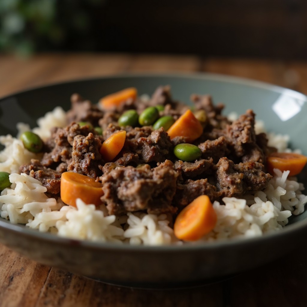 Nahaufnahme der krümeligenHackfleisch-Textur mit Röstaromen, Erbsen und Karotten in der Boy Kibble Bowl