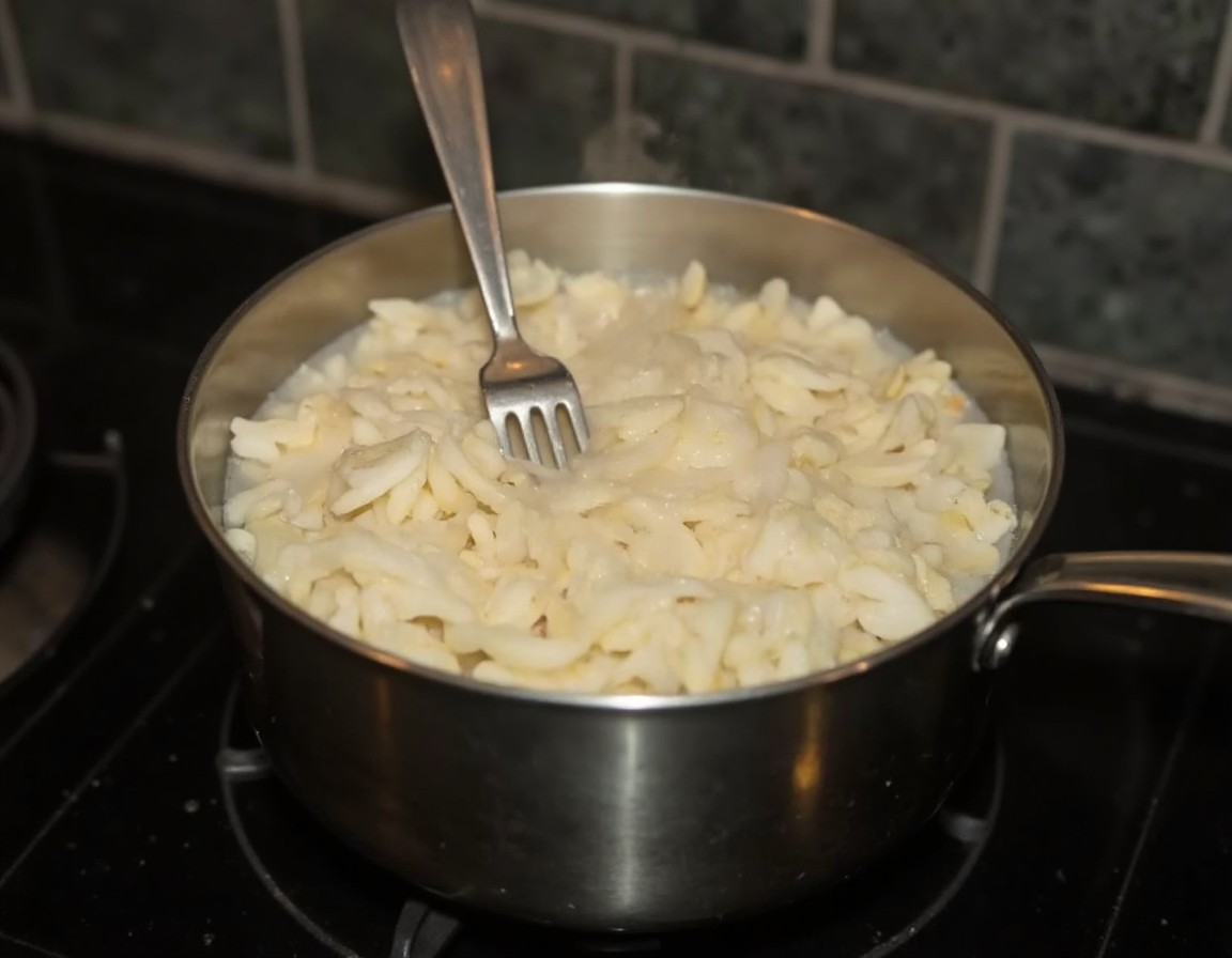 Lockerer weißer Reis wird mit einer Gabel in einem Topf aufgelockert als Basis für die Boy Kibble Bowl