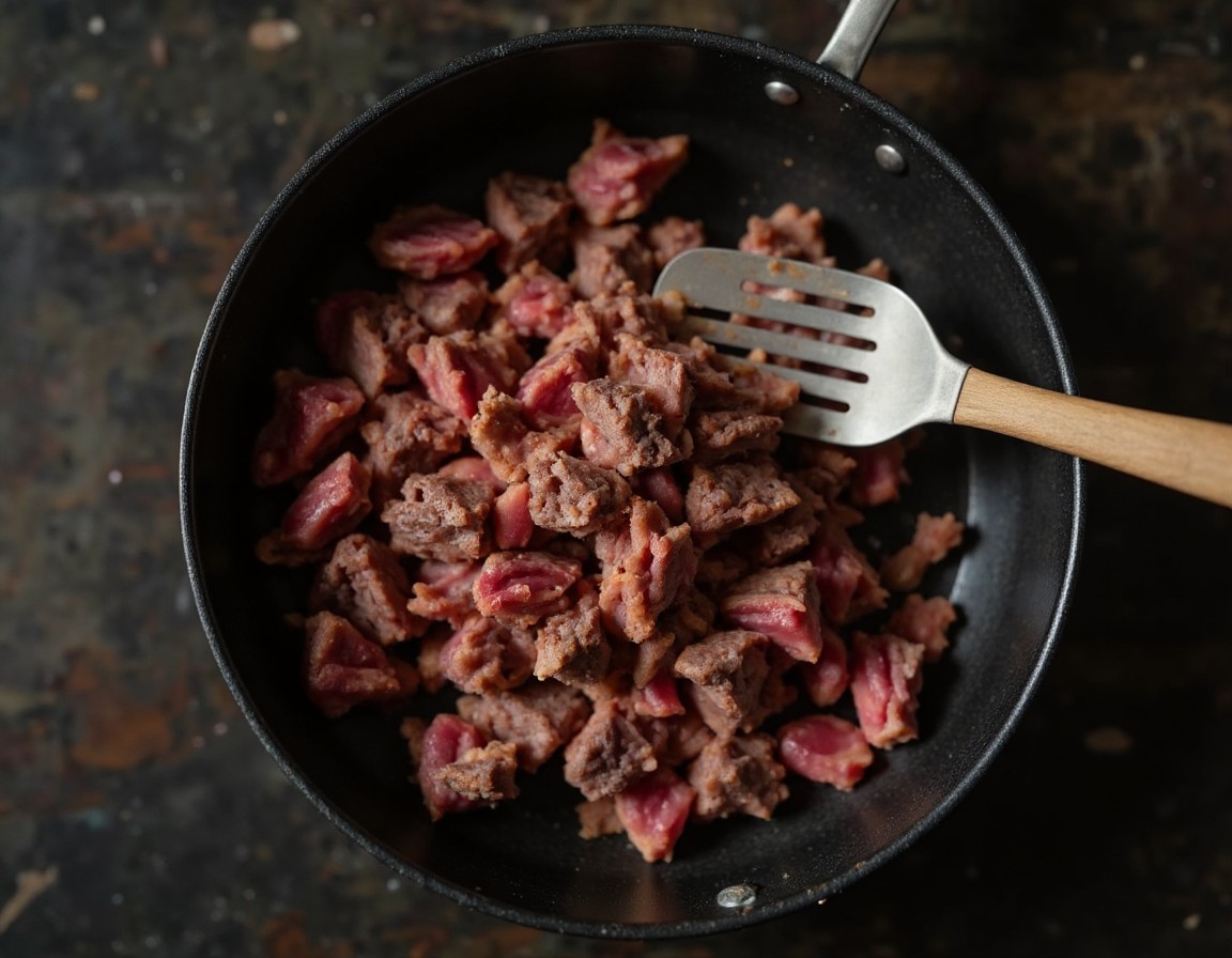 Rinderhackfleisch wird in einer heißen Pfanne krümelig und gleichmäßig braun gebraten für die Boy Kibble Bowl