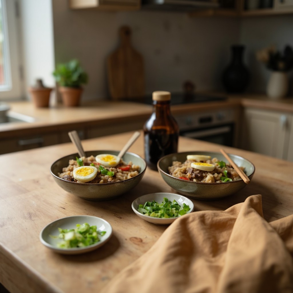 Zwei fertige Boy Kibble Bowls auf einem Esstisch mit Sojasauce, Frühlingszwiebeln und Stäbchen