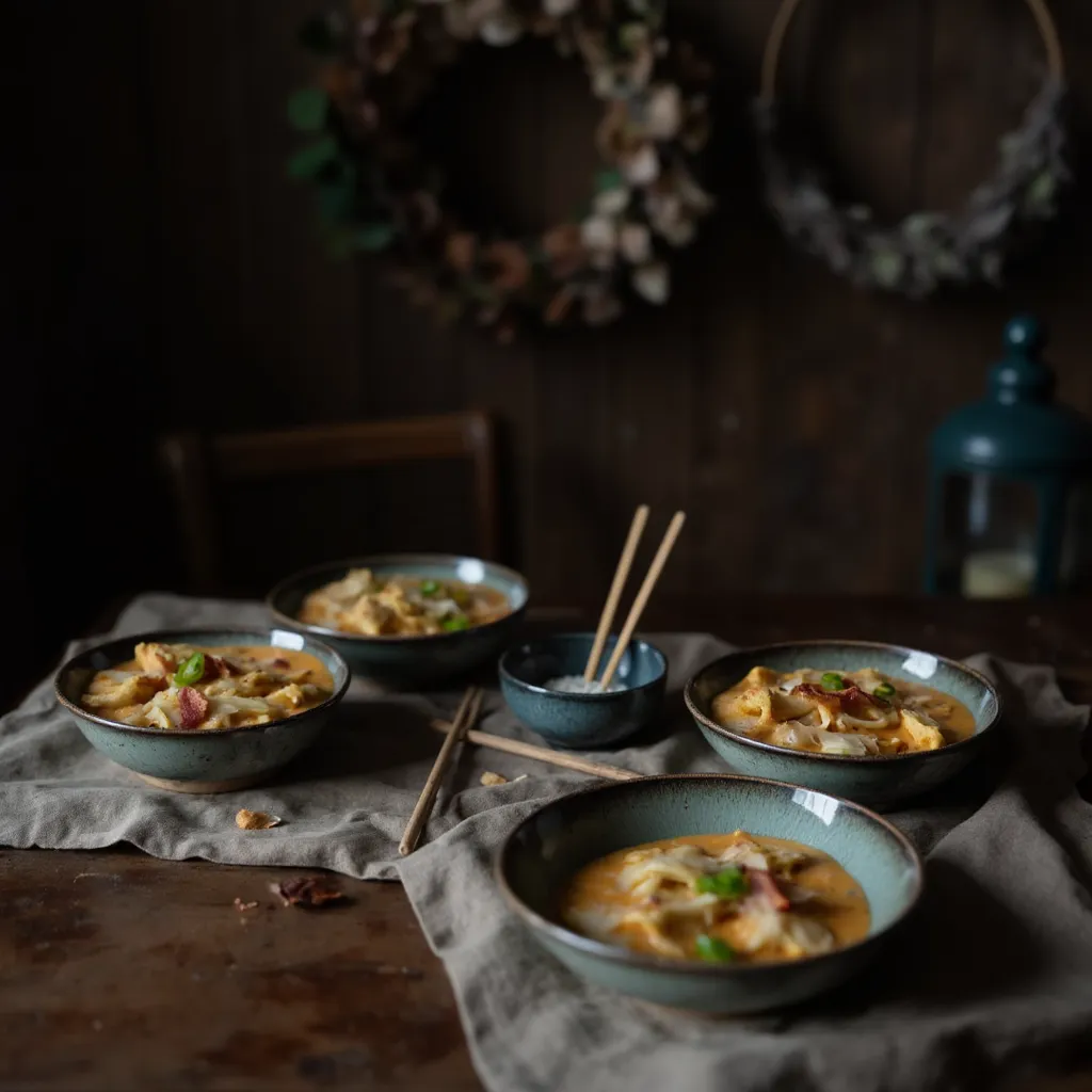 Vier Portionen Carbonara Buldak Ramen angerichtet in tiefen Schalen mit Bacon, Frühlingszwiebeln und Sesam