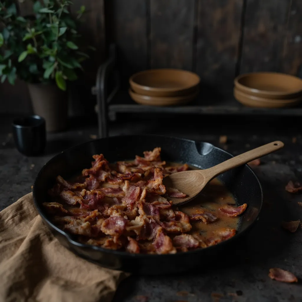 Goldbraune Baconwürfel brutzeln knusprig in einer gusseisernen Pfanne für das Carbonara Buldak Ramen Topping