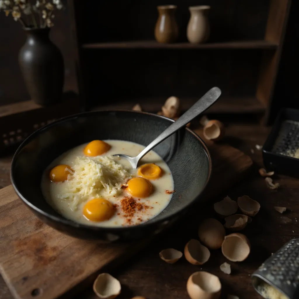 Carbonara-Sauce für Buldak Ramen wird angerührt. Eigelb, Parmesan, Sahne und Buldak-Gewürz in einer Schüssel