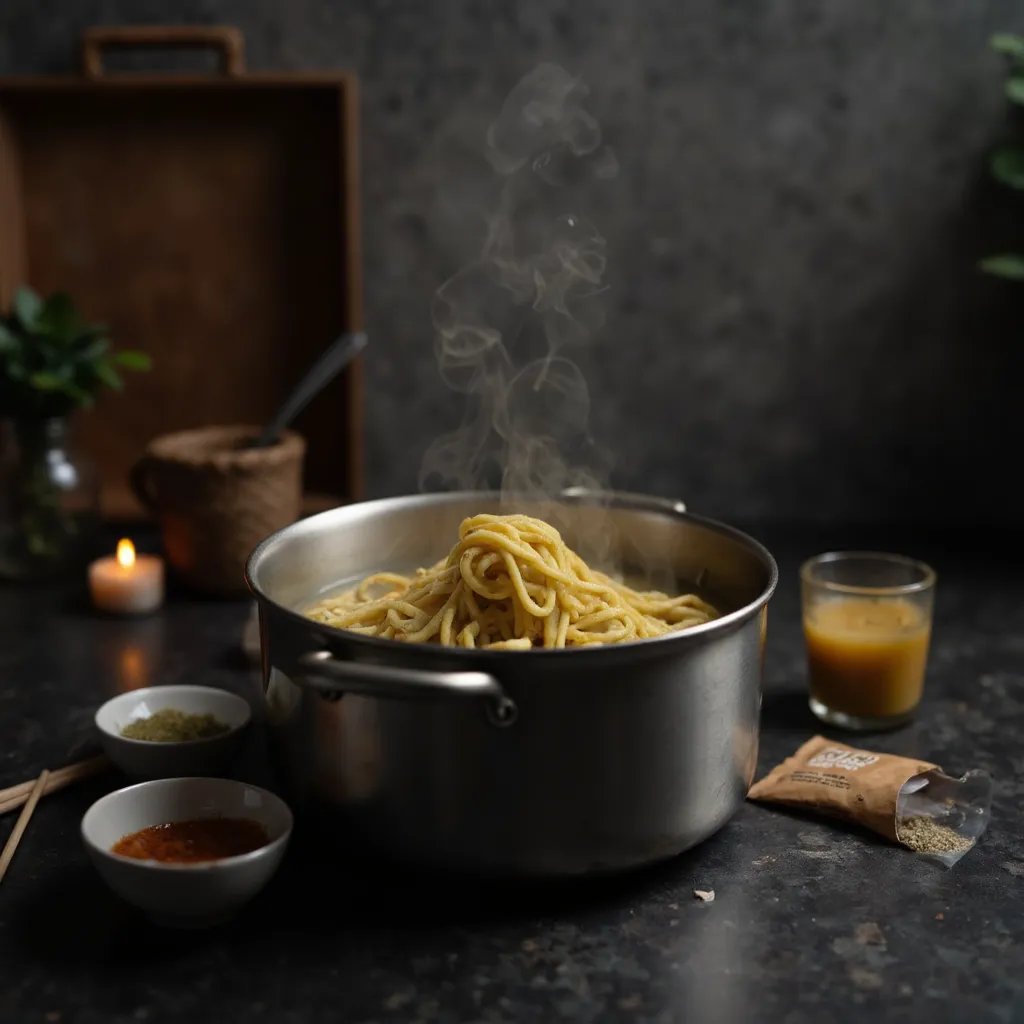 Instant-Ramen-Nudeln kochen in sprudelndem Wasser, daneben ein Messbecher mit aufgefangenem Nudelwasser