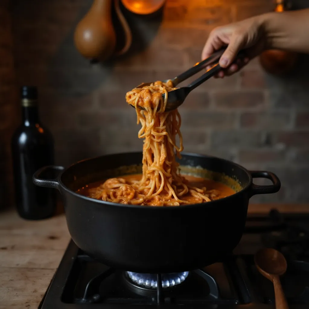 Ramen-Nudeln werden in cremiger Carbonara Buldak Sauce geschwenkt, jede Nudel glänzt mit reichhaltiger Beschichtung