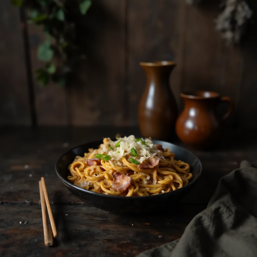 Carbonara Buldak Ramen Rezept in dunkler Keramikschale mit cremiger Sauce, knusprigem Bacon und Parmesan