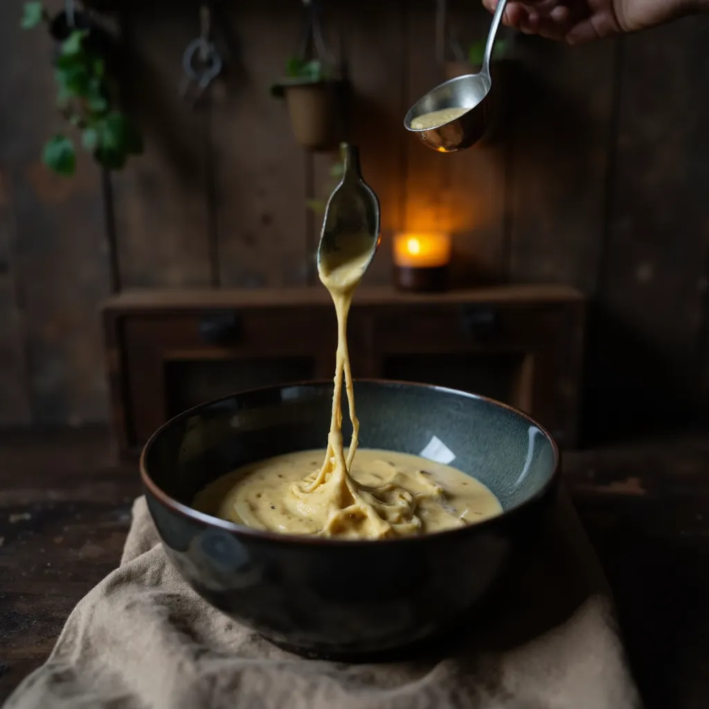 Heißes Nudelwasser wird langsam in die Ei-Käse-Mischung gerührt, um die Carbonara-Sauce zu temperieren