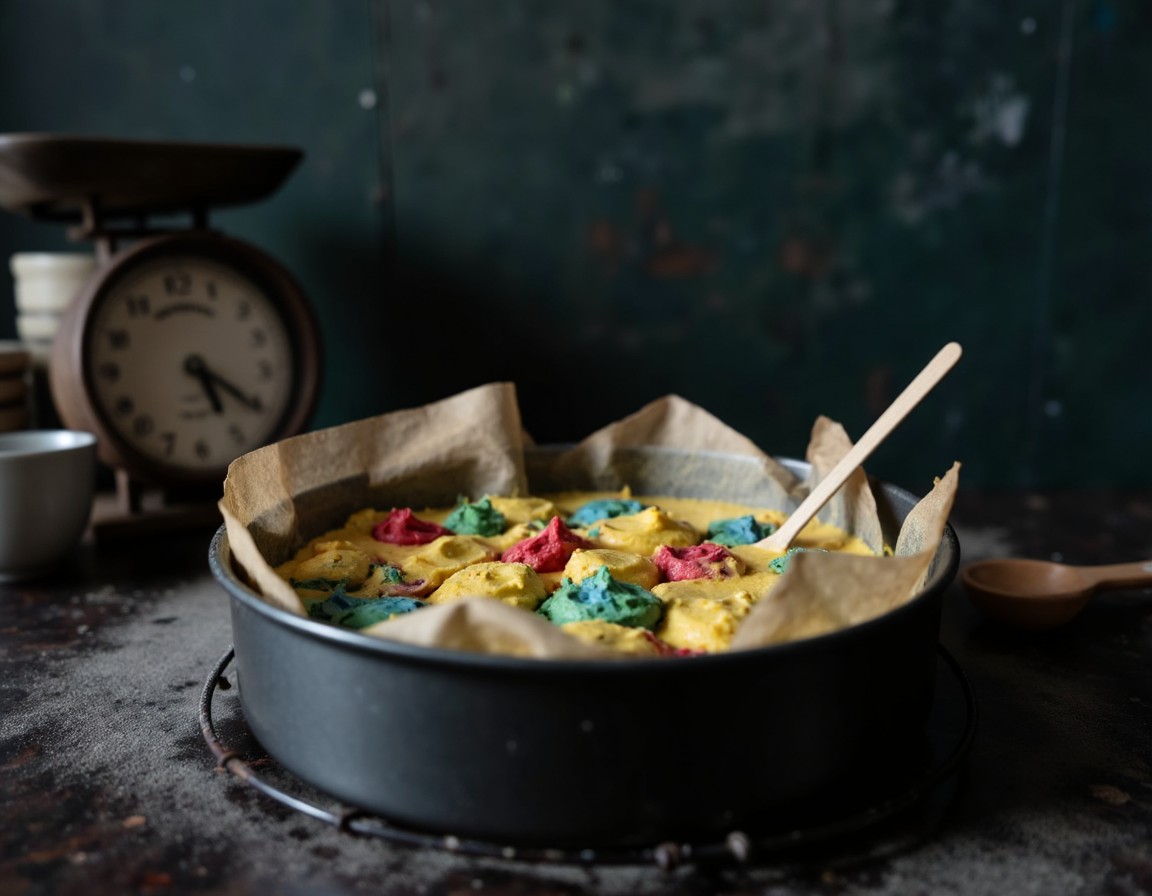 Bunt geschichteter Kuchenteig in einer runden Springform mit chaotischem Marmormuster aus Rot, Blau, Gelb und Gruen