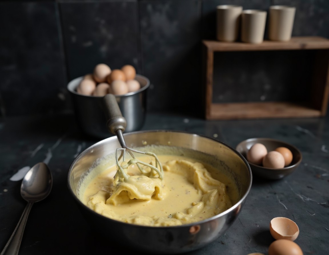 Hellgelbe Butter-Zucker-Masse wird mit dem Handruehrer in einer Edelstahlschuessel schaumig geschlagen