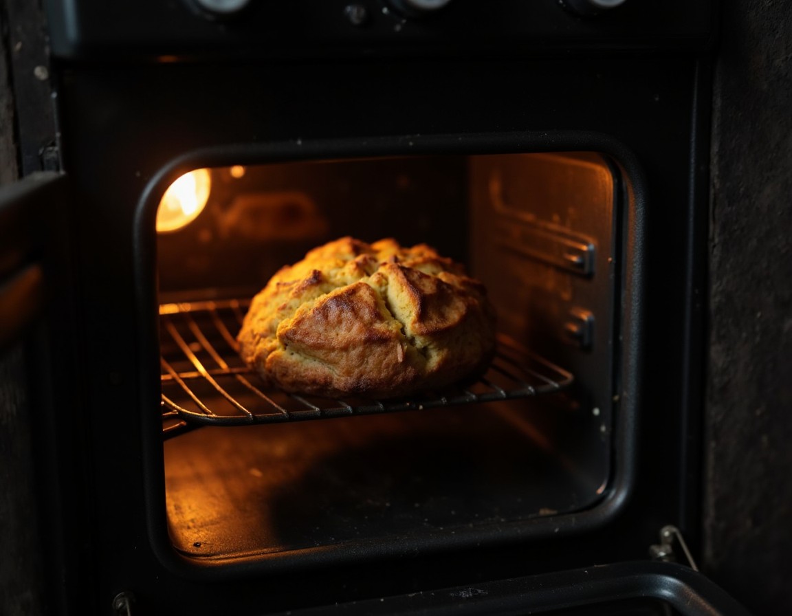 Chaos Cake backt im vorgeheizten Ofen bei 175 Grad, Oberflaeche leicht gewoelbt mit goldbrauner Kruste