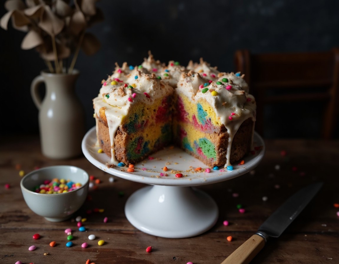Angeschnittener Chaos Cake auf weisser Tortenplatte mit bunten Farbwirbeln, weisser Zuckerglasur und Regenbogen-Streuseln
