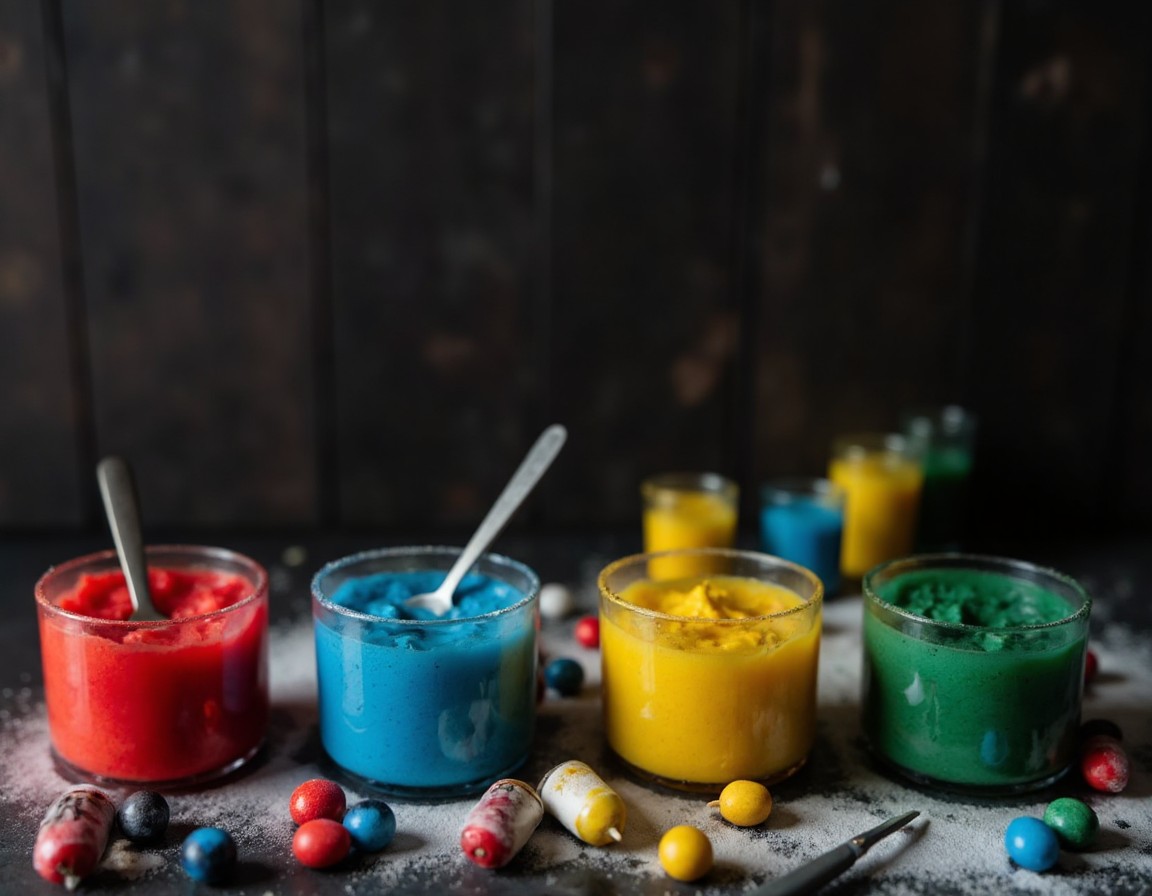 Vier Glasschalen mit bunt eingefaerbtem Kuchenteig in Rot, Blau, Gelb und Gruen neben Gel-Lebensmittelfarben