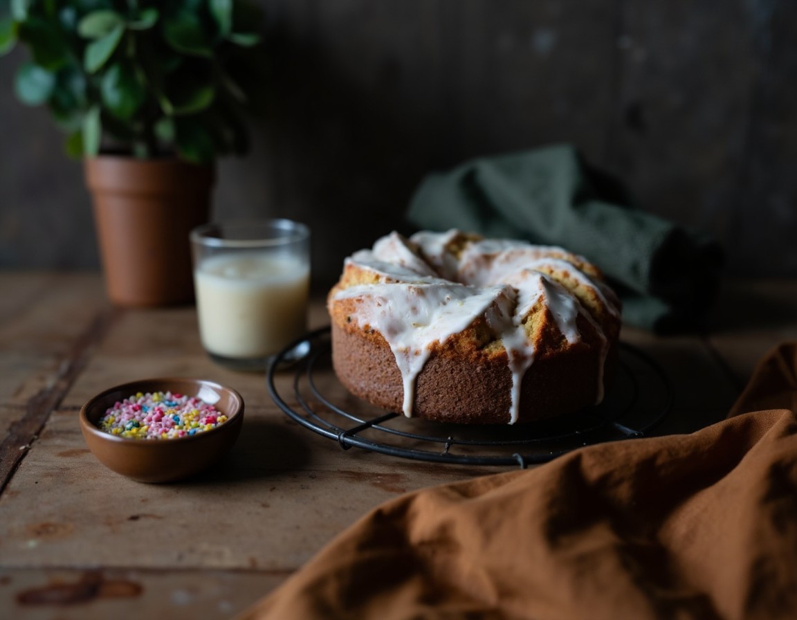 Weisse Zuckerglasur fliesst unregelmaessig ueber einen Chaos Cake auf einem Kuchengitter, daneben bunte Streusel