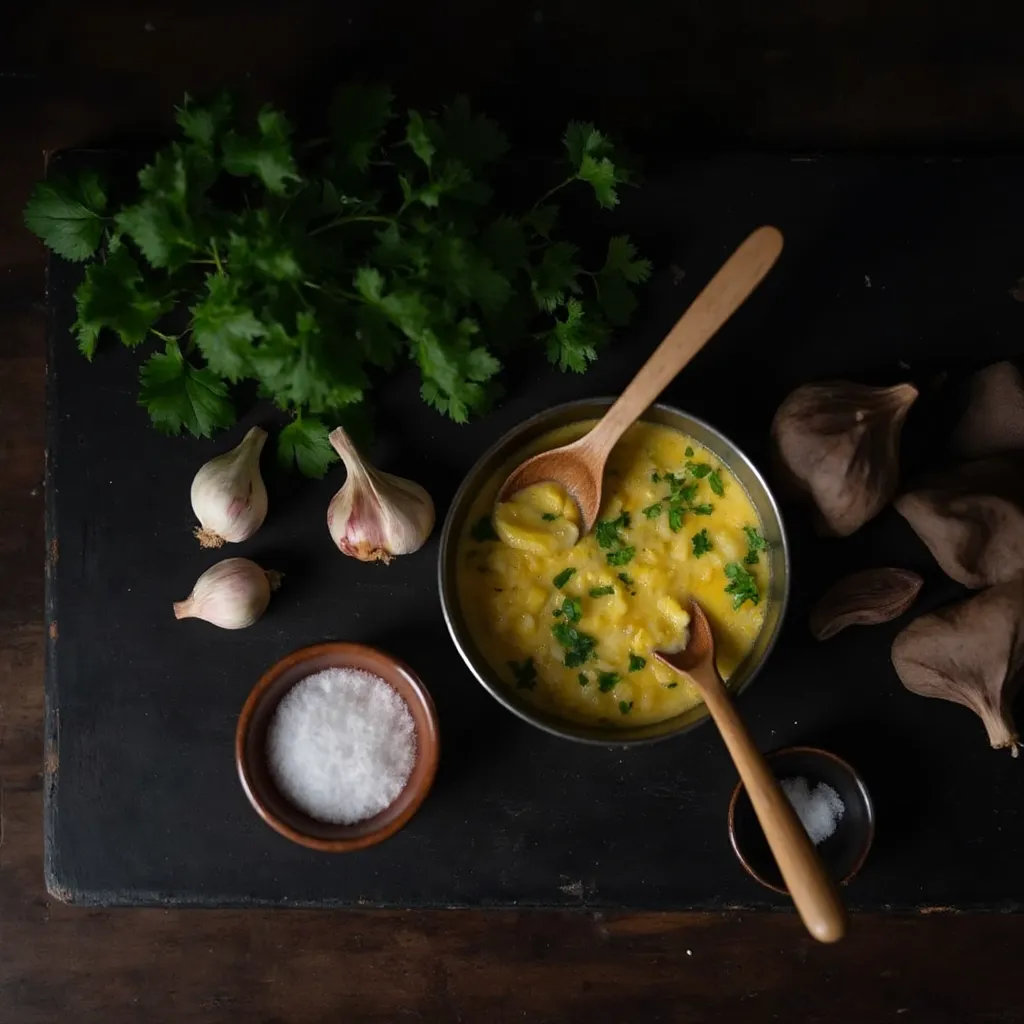 Geschmolzene Knoblauchbutter mit gehackter Petersilie und Knoblauchstuecken in einem kleinen Edelstahltopf