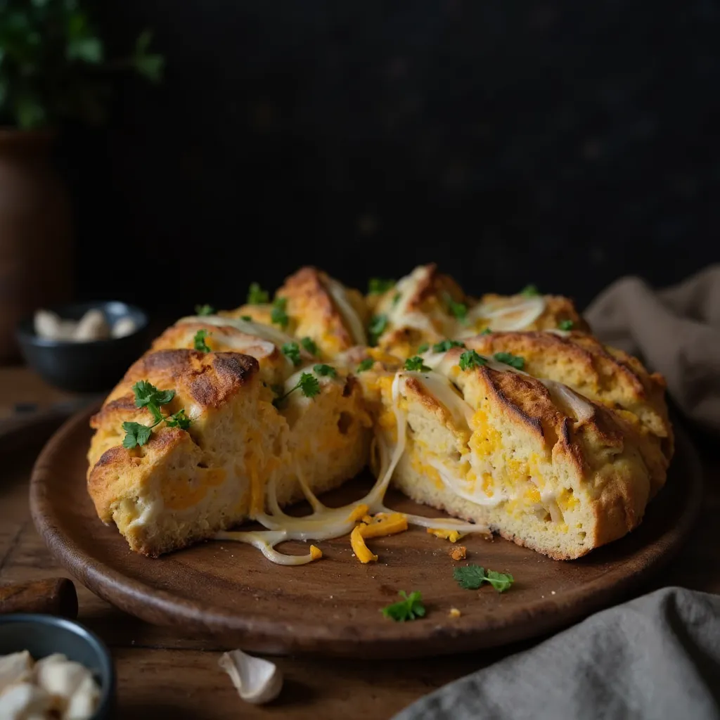 Goldbraunes Pull-Apart Bread mit geschmolzenem Mozzarella und Cheddar in den Ritzen auf einem rustikalen Holzbrett