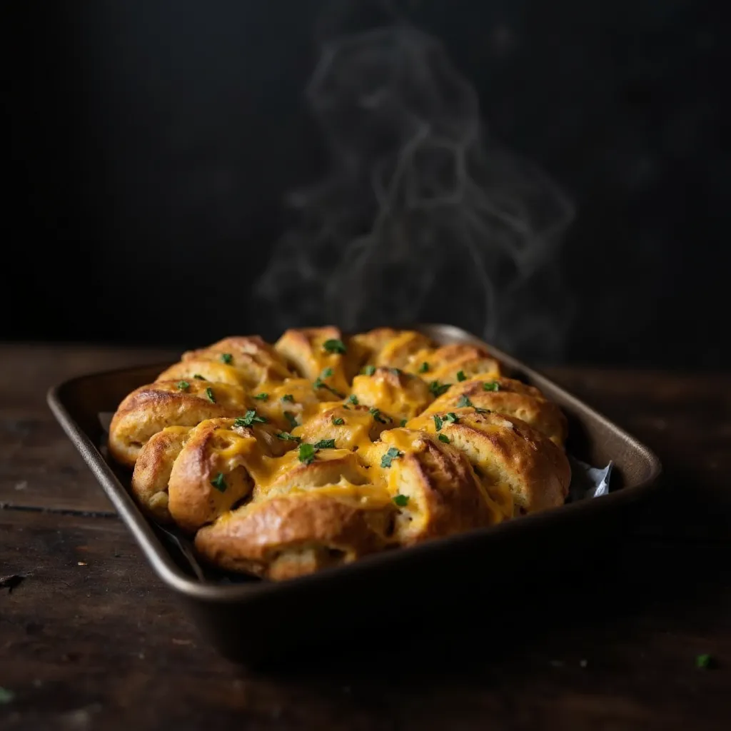 Frisch gebackenes Pull-Apart Bread mit blubberndem goldenem Kaese und Petersilie auf einem Backblech