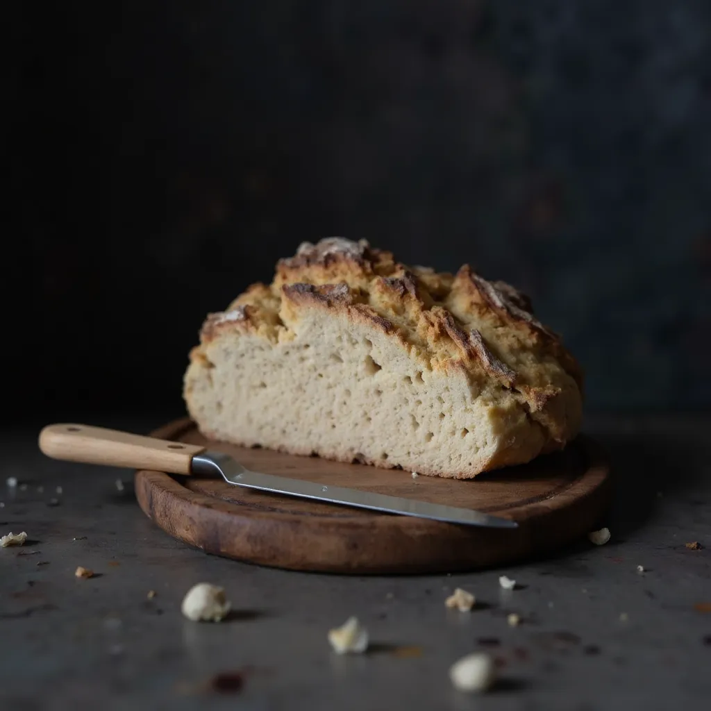 Rundes Sauerteigbrot mit tiefem Rautenmuster-Einschnitt auf einem Holzbrett neben einem Brotmesser