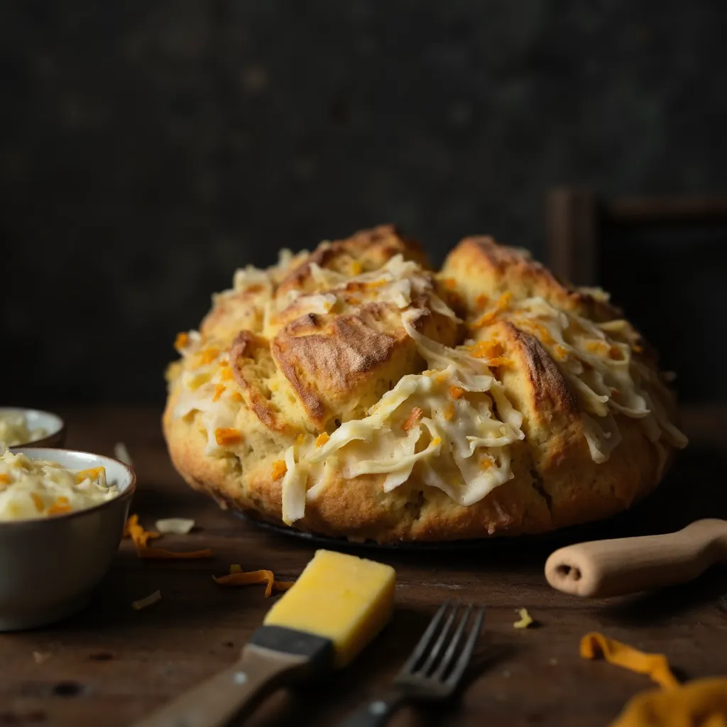 Eingeschnittenes Brot wird mit geriebenem Mozzarella, Cheddar und glaenzender Knoblauchbutter gefuellt