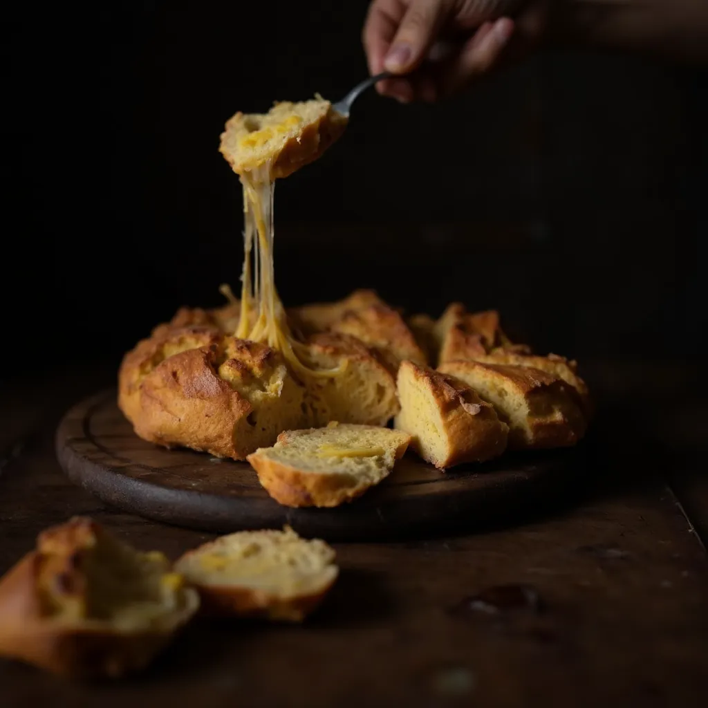 Ein Stueck Pull-Apart Bread wird abgezupft und zieht lange goldene Kaesefaeden vom Laib