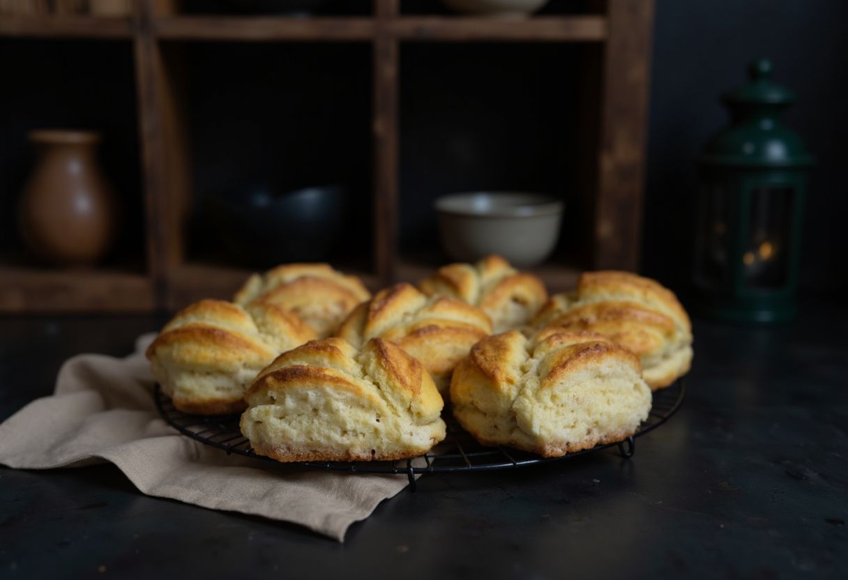 Cloud Bread Fladen auf einem Abkuehlgitter, einer aufgebrochen mit sichtbarer luftiger Textur im Inneren