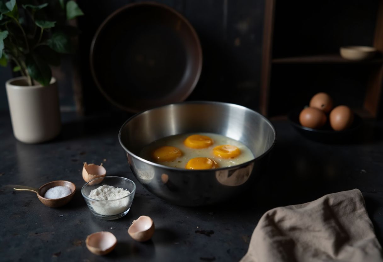 Drei aufgeschlagene Eier in einer Edelstahlschuessel mit Eierschalen und Salz auf dunkler Arbeitsflaeche