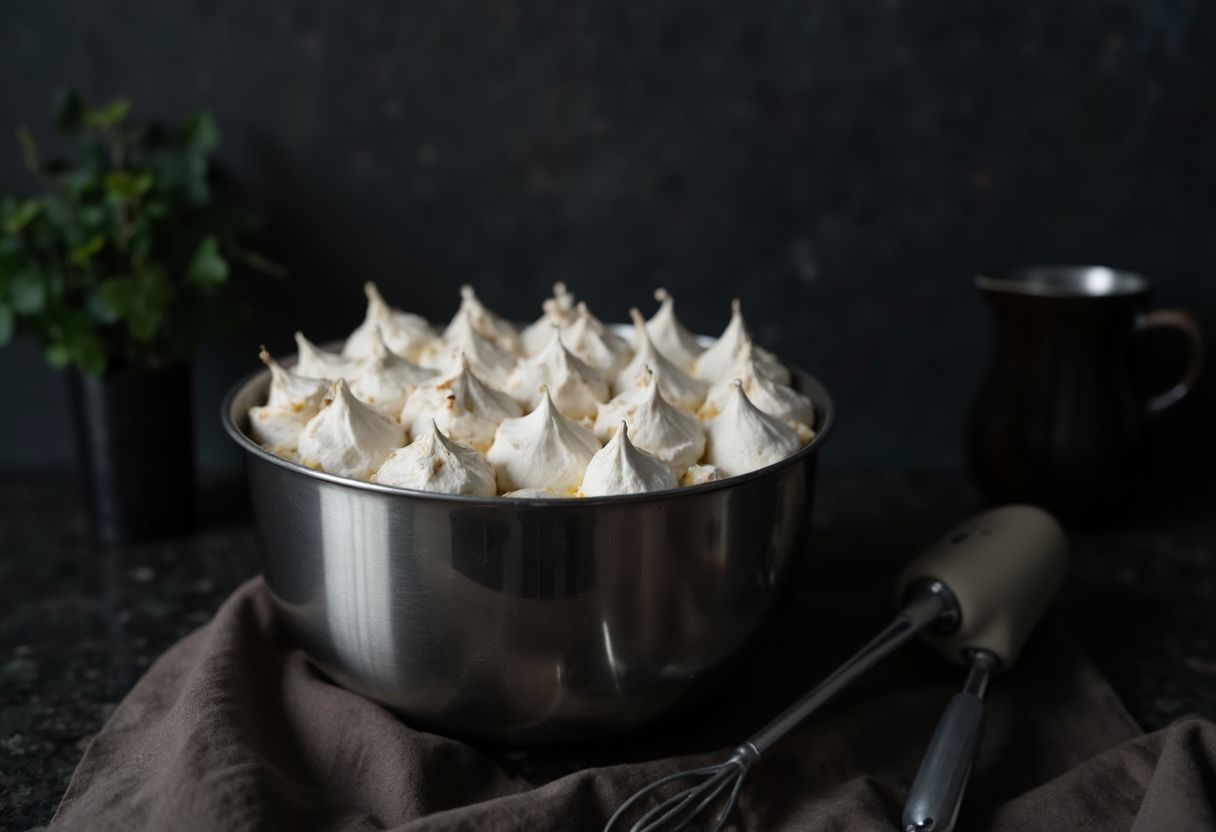 Steif geschlagener Eischnee mit glaenzenden Spitzen in einer Edelstahlschuessel neben einem Schneebesen