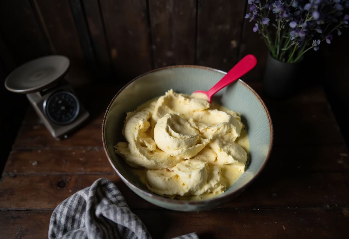Hellgelber Cloud-Bread-Teig in Keramikschuessel mit rotem Teigschaber, Vintage-Waage im Hintergrund