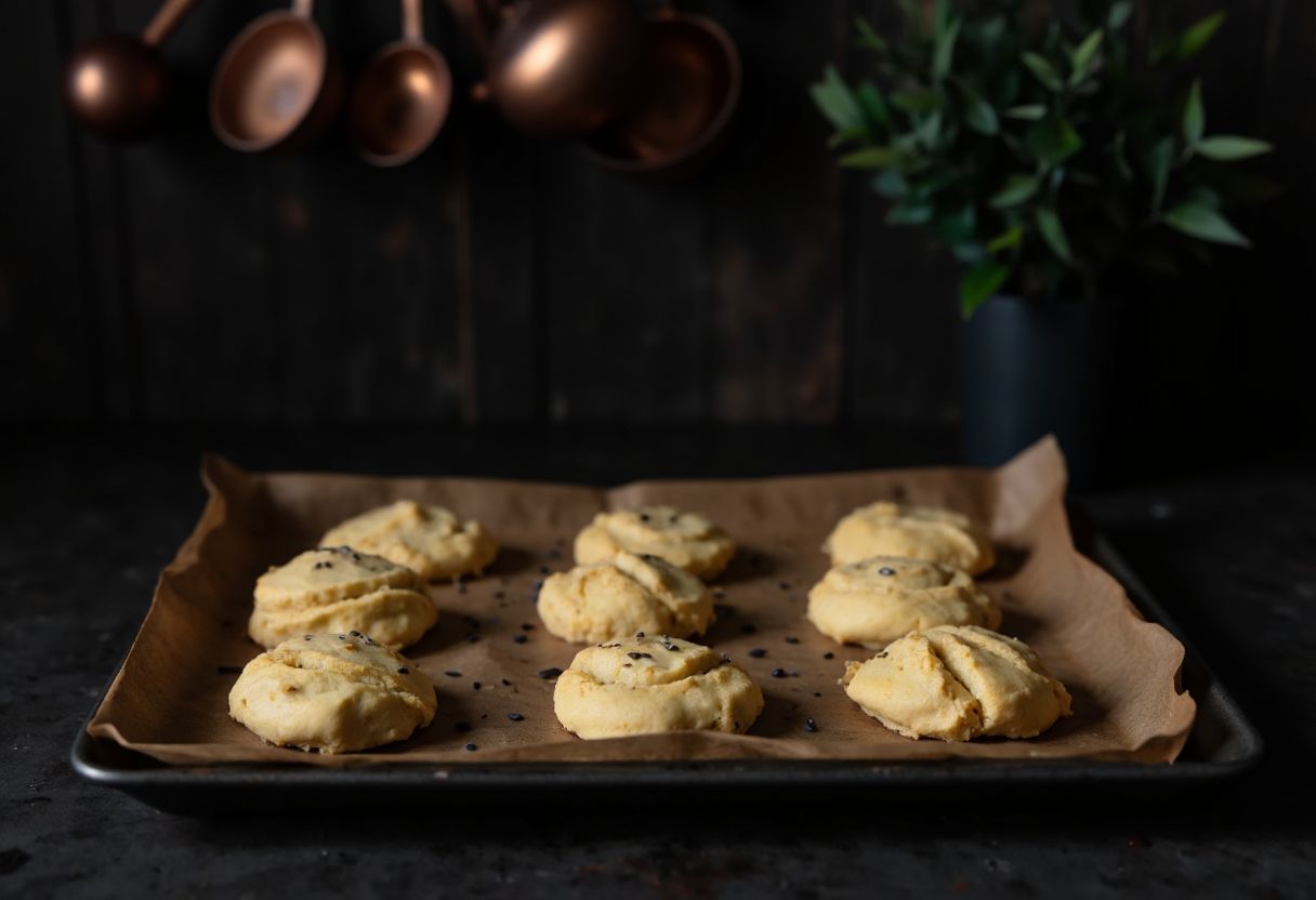 Hellgelbe Cloud-Bread-Fladen mit Schwarzkuemmel auf einem mit Backpapier ausgelegten Backblech vor dem Backen