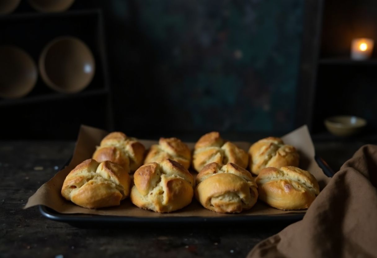 Fertig gebackene goldbraune Cloud Bread Fladen auf Backpapier mit Kerze und Keramiktellern im Hintergrund