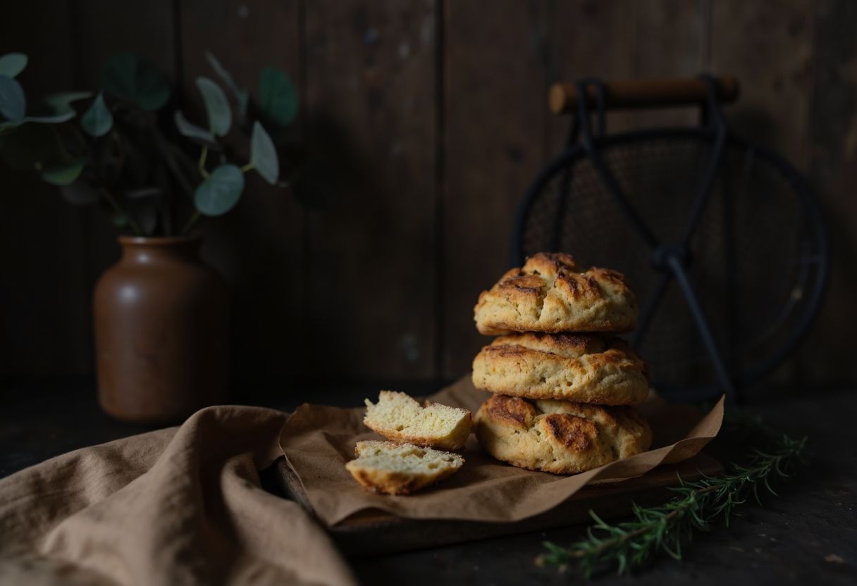 Goldbraune Cloud Bread Fladen gestapelt auf Backpapier mit Rosmarinzweig in stimmungsvoller dunkler Atmosphaere