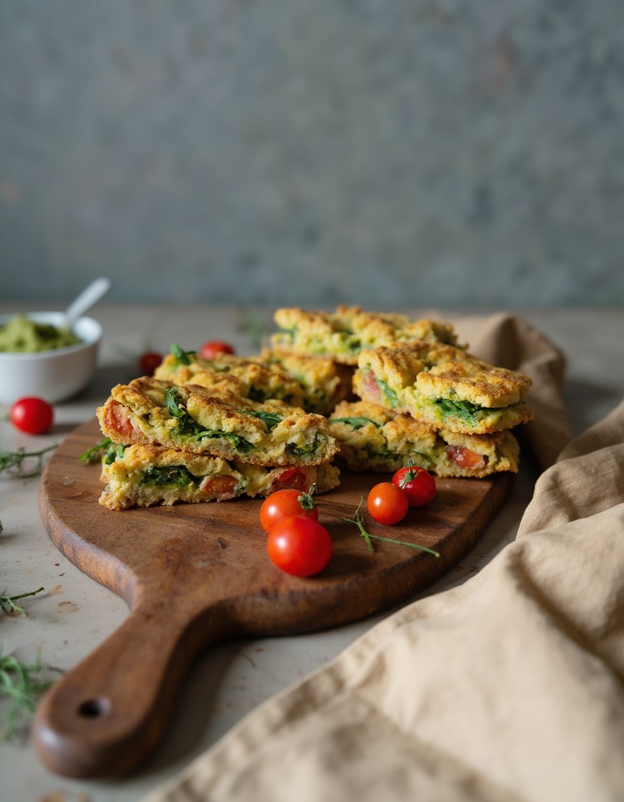 Goldbraun gebackenes Cottage Cheese Flatbread in Stücke geschnitten auf Holzbrett, belegt mit Avocado, Rucola und Kirschtomaten