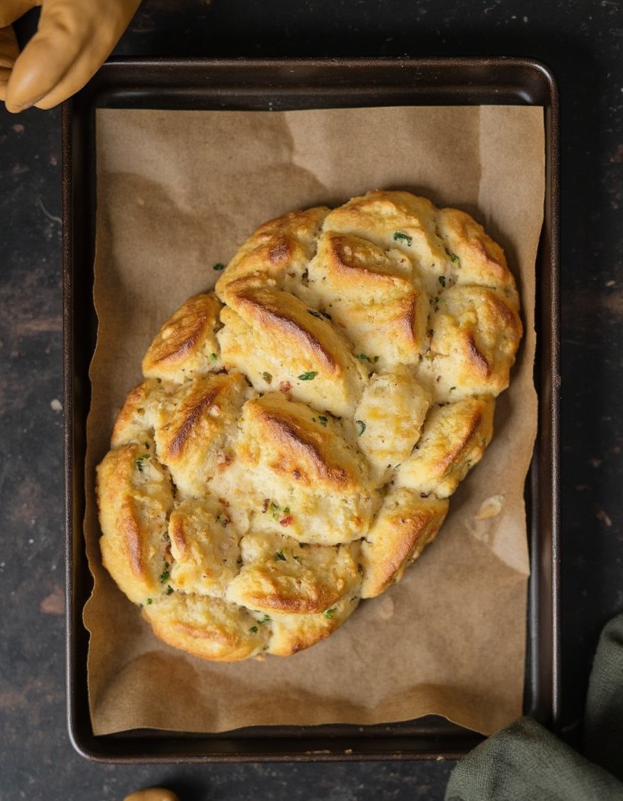 Frisch gebackenes Cottage Cheese Flatbread mit goldbrauner Oberfläche und knusprigen Rändern auf dem Backblech aus dem Ofen