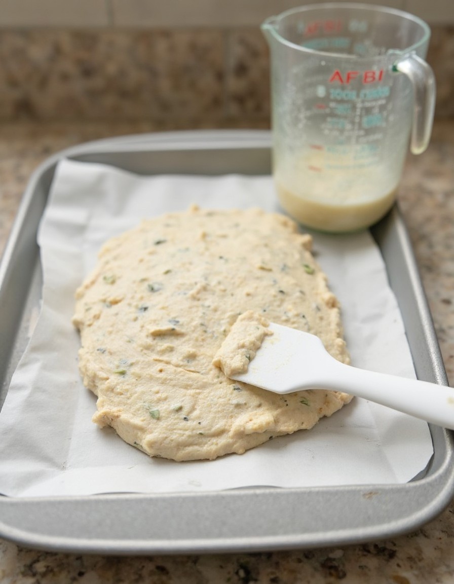 Die glatte Cottage Cheese Maße wird mit einem Teigschaber gleichmäßig dünn auf einem mit Backpapier ausgelegten Backblech verteilt
