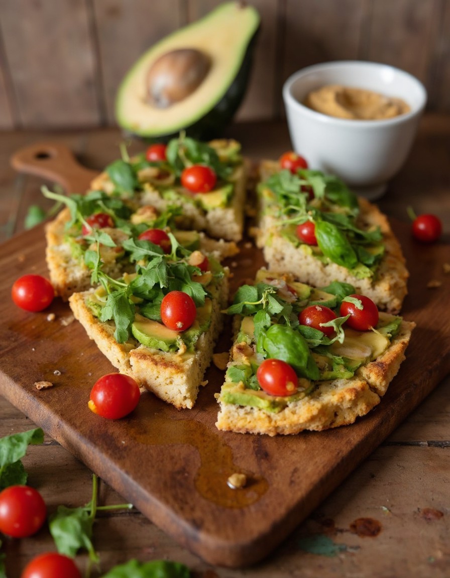 Cottage Cheese Flatbread in vier Stücke geschnitten wird mit Avocadoscheiben, frischem Rucola und halbierten Kirschtomaten belegt