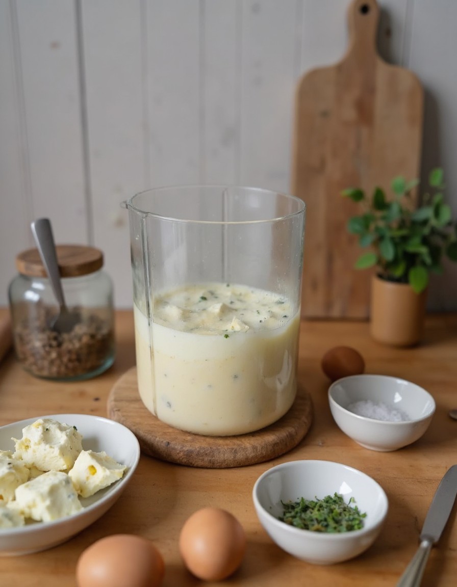 Hüttenkäse, Eier und getrocknete Kräuter werden im Standmixer zu einer glatten, cremigen Maße für das Flatbread püriert