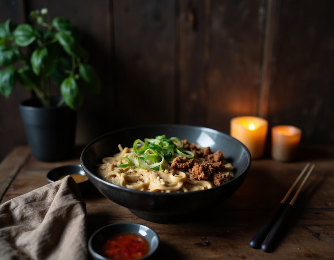Cremige Mapo Tofu Udon in einer tiefen Keramikschale mit Seidentofu-Sauce, würzigem Hack-Topping und Chiliöl
