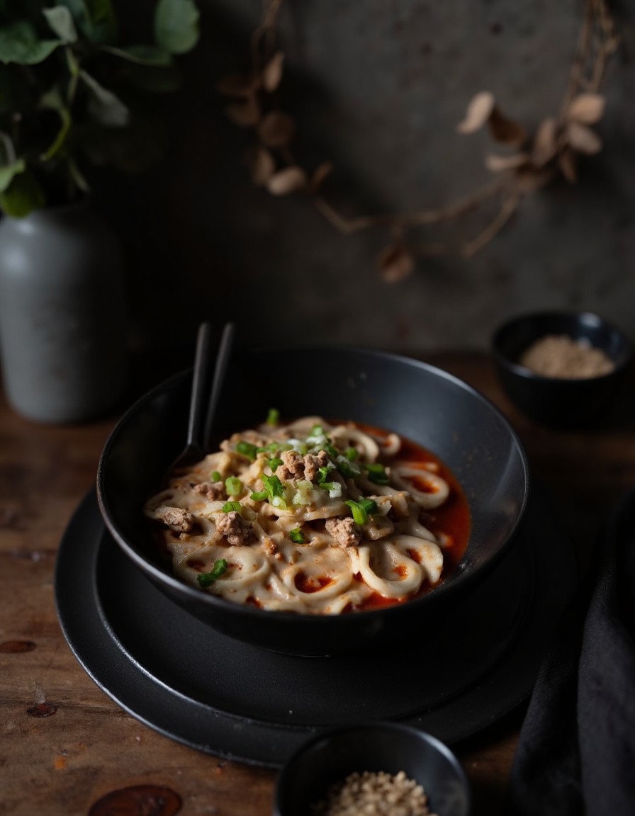 Cremige Mapo Tofu Udon in schwarzer Keramikschale mit Hack-Topping, Frühlingszwiebeln und Chiliöl von oben