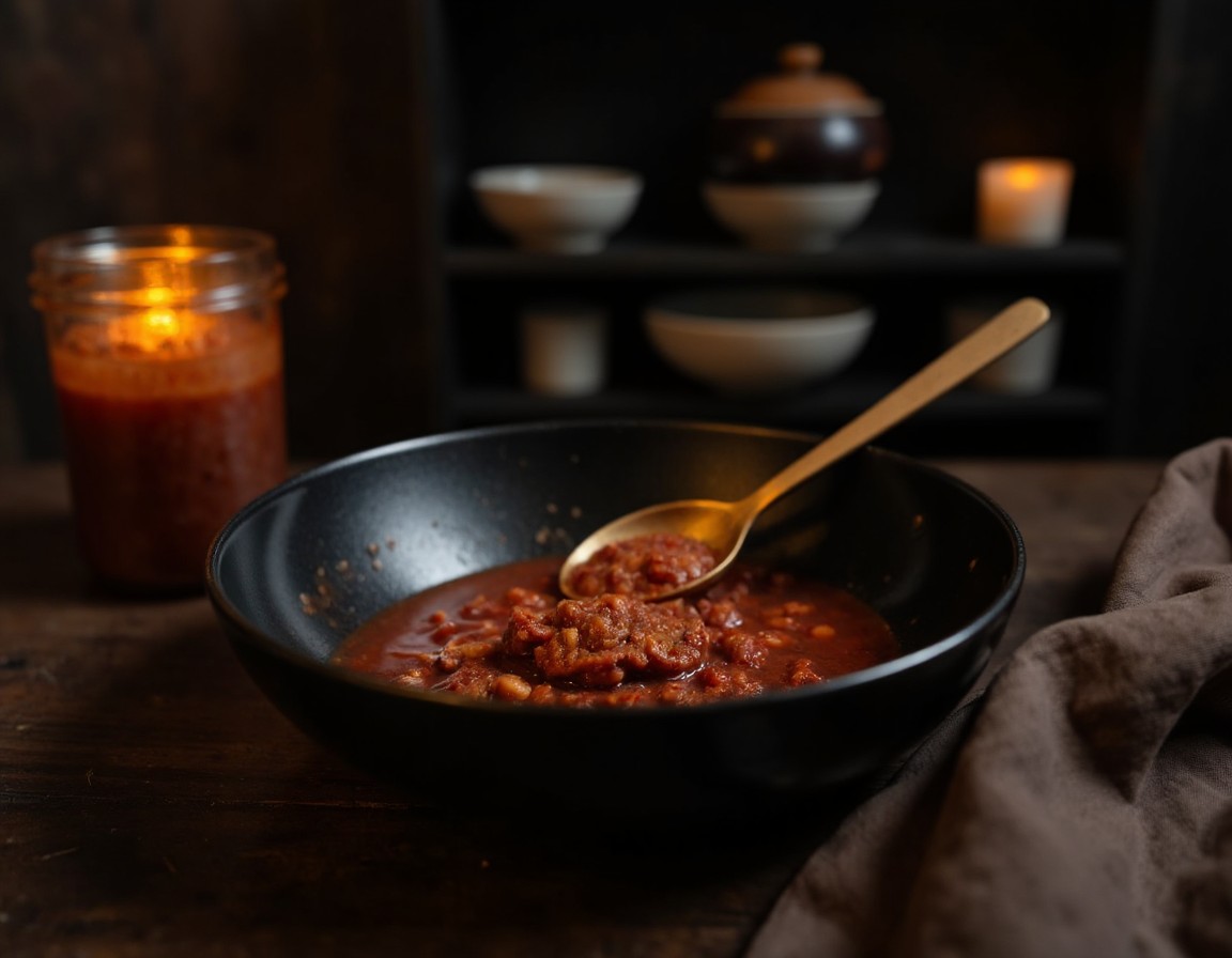 Doubanjiang-Bohnenpaste wird im Wok geröstet und färbt das Öl leuchtend rot für das cremige Mapo Tofu Udon Topping
