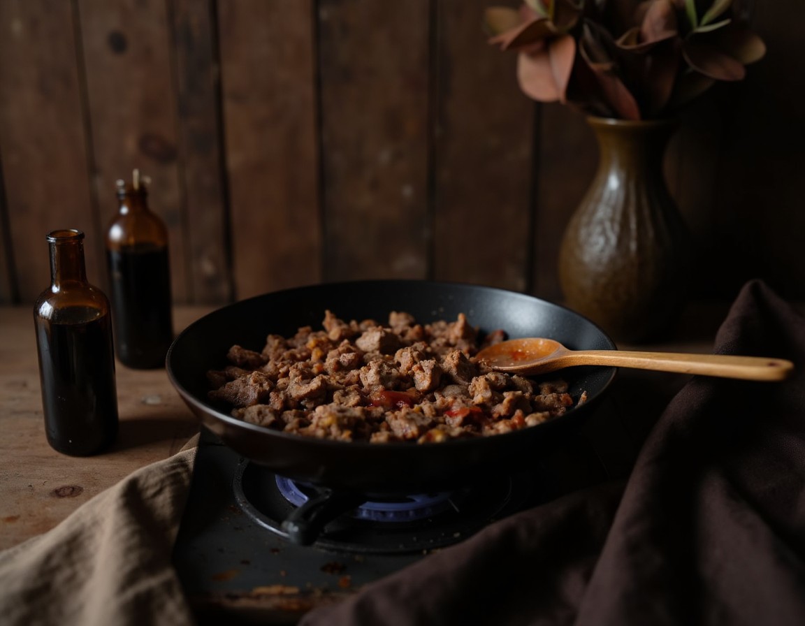 Krümelig gebratenes Hackfleisch mit glänzender Sojasaucen-Glasur und Aromaten im dunklen Wok