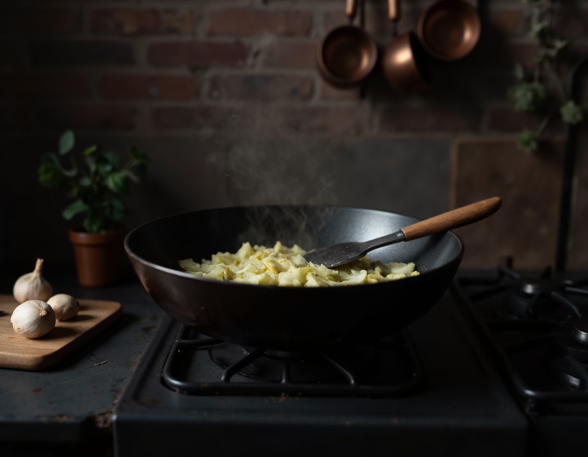 Fein gehackter Knoblauch, geriebener Ingwer und Frühlingszwiebeln brutzeln im heißen Wok mit aufsteigendem Dampf