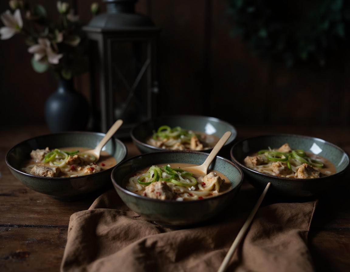 Vier Schalen Mapo Tofu Udon mit cremiger Sauce, würzigem Hack, Frühlingszwiebeln, Chiliöl und Sesam angerichtet