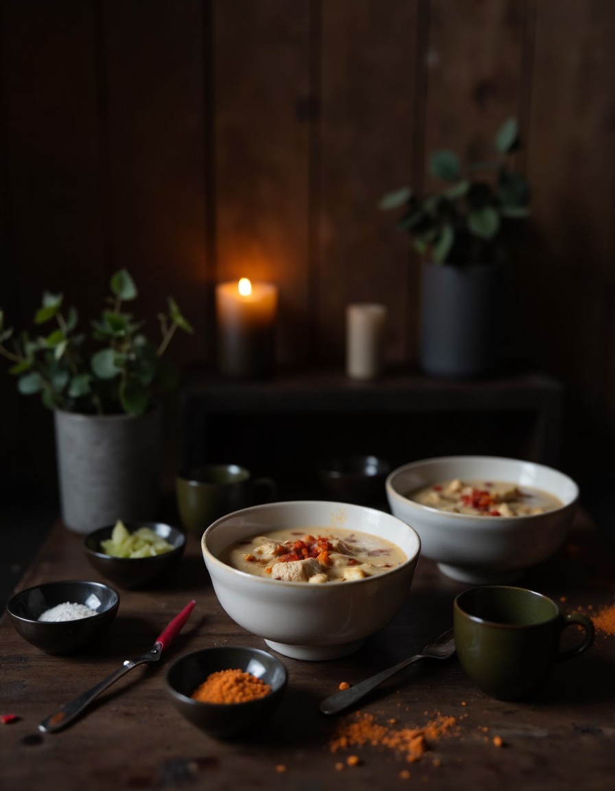 Gedeckter Tisch mit zwei Schalen Mapo Tofu Udon, Beilagen, Gewürzen und Kerze auf dunklem Holztisch